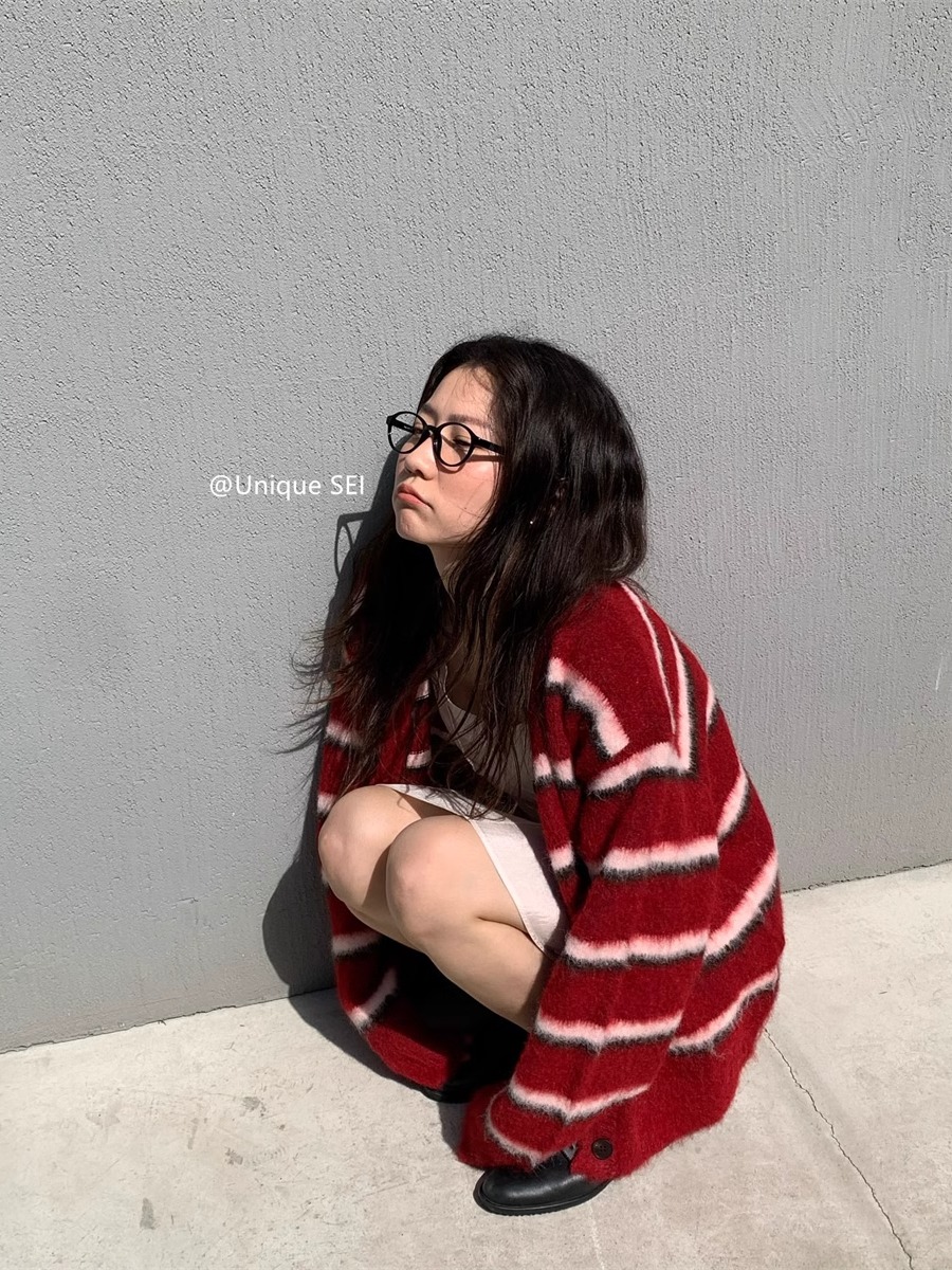 Retro Red and White Striped Loose Casual Long Sleeve Knitted Cardigan - Unique Street Style Fashion