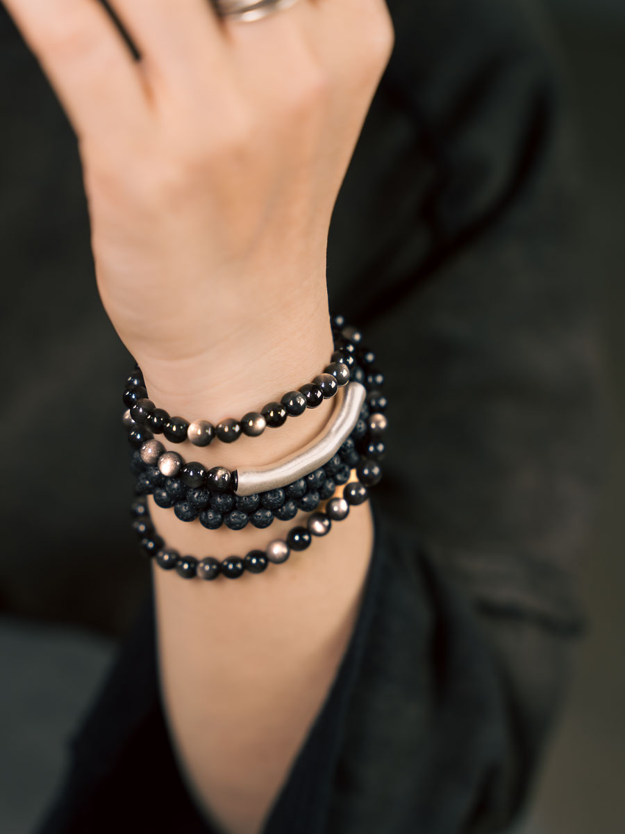 Retro Silver Obsidian Volcanic Stone Multi-Layer Bracelet for Women & Men, Personalized Accessories, Stylish Jewelry
