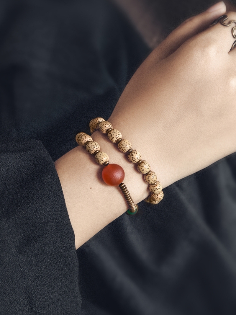 Retro Star and Moon Bodhi Bead Bracelet, Mixed Agate & Copper Beads, Double-Layer Unisex National Style Accessories