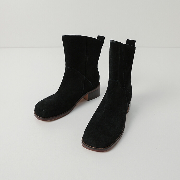 Retro Suede Chunky Low-Heeled Wide-Mouth Short Boots for Women, Round-Toe Martin Style, Genuine Leather Western Autumn/Winter 2025