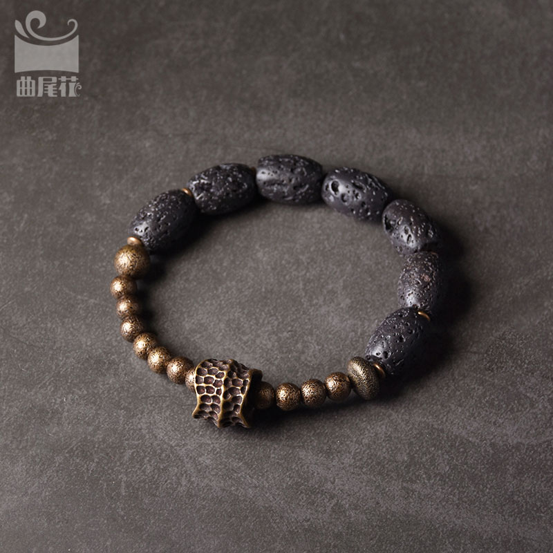 Retro Volcanic Stone & Brass Bead Bracelet for Couples - Casual Black Accessories for Men & Women, Trendy Home Personality