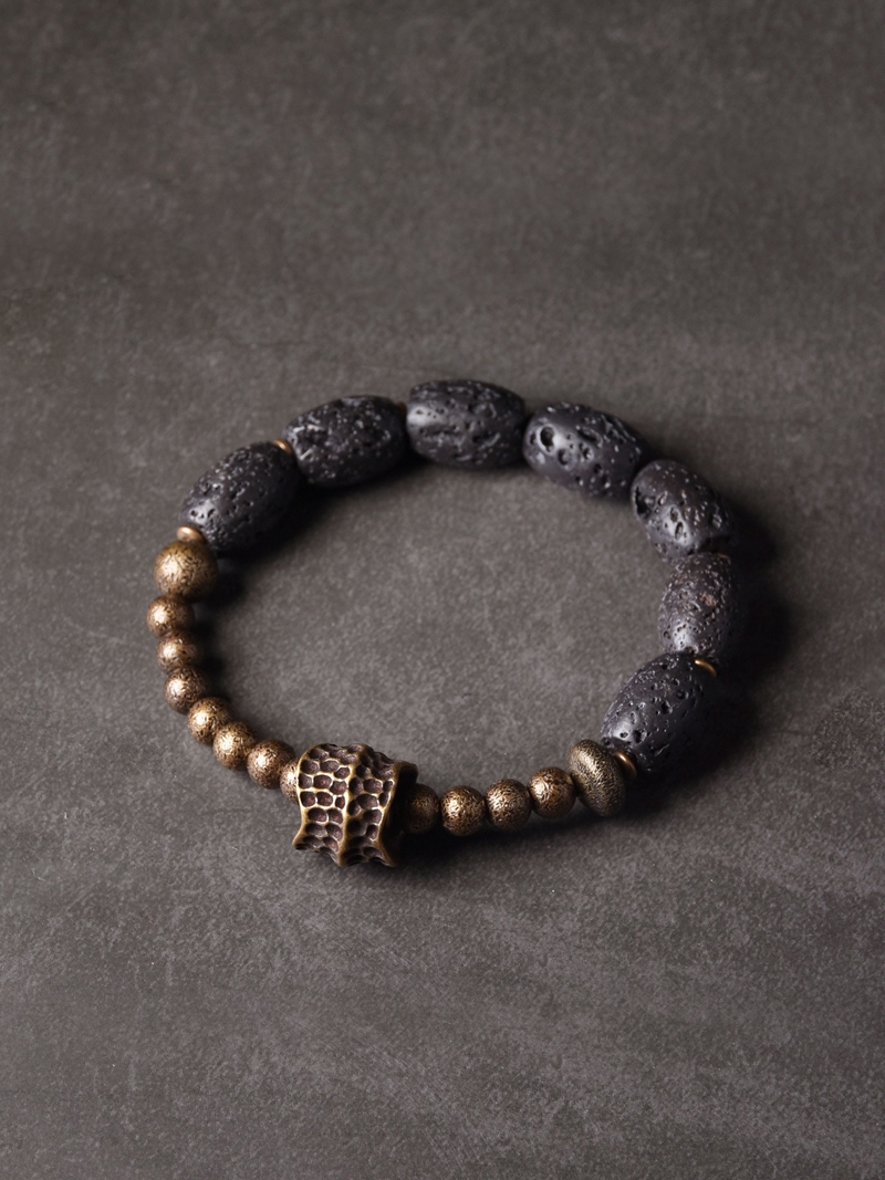 Retro Volcanic Stone & Brass Bead Bracelet for Couples - Casual Black Accessories for Men & Women, Trendy Home Personality