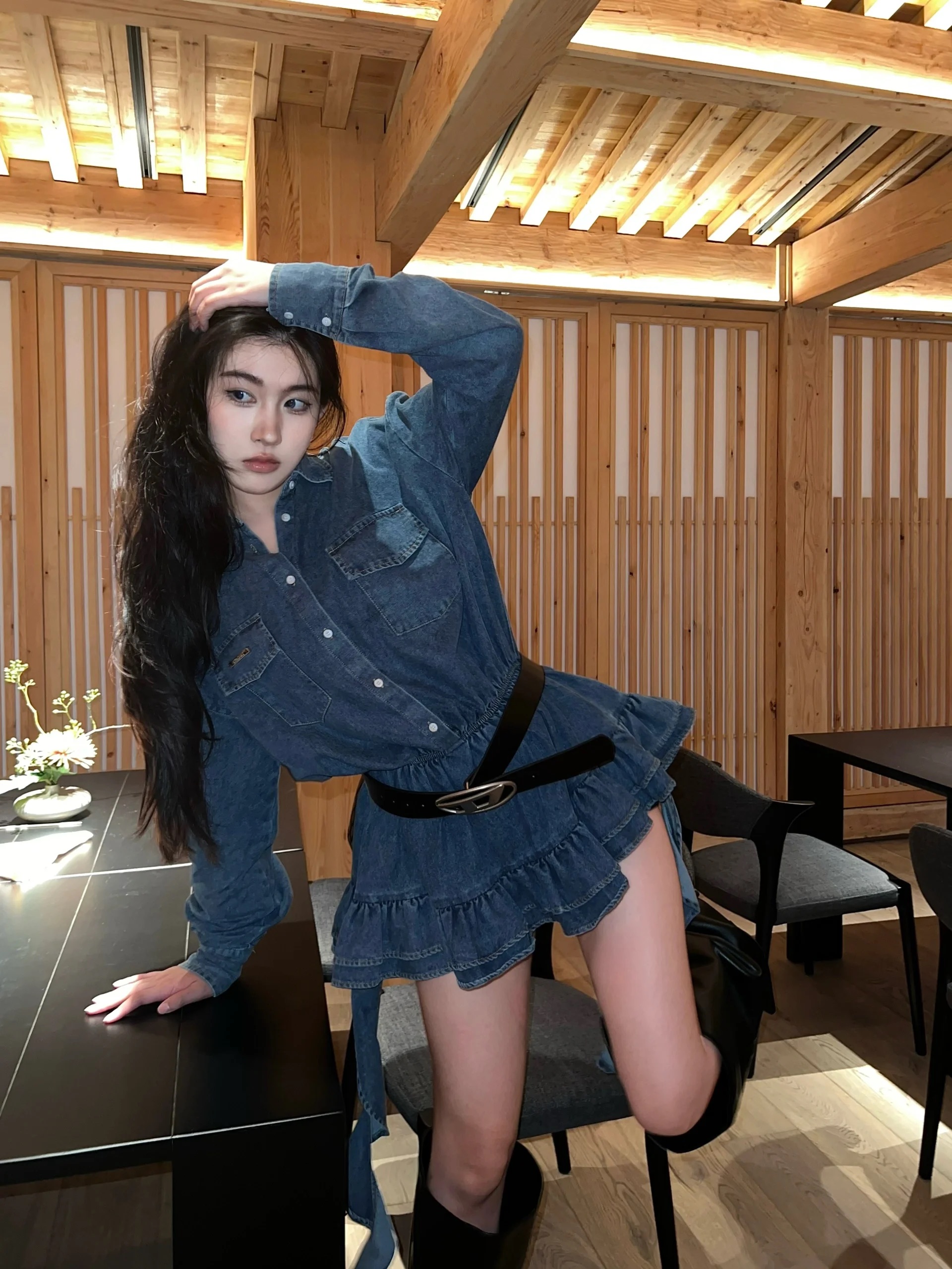 Retro Washed Denim Dress for Women - Loose Fit, Ruffled Hem, Spicy Girl Style for Spring and Autumn