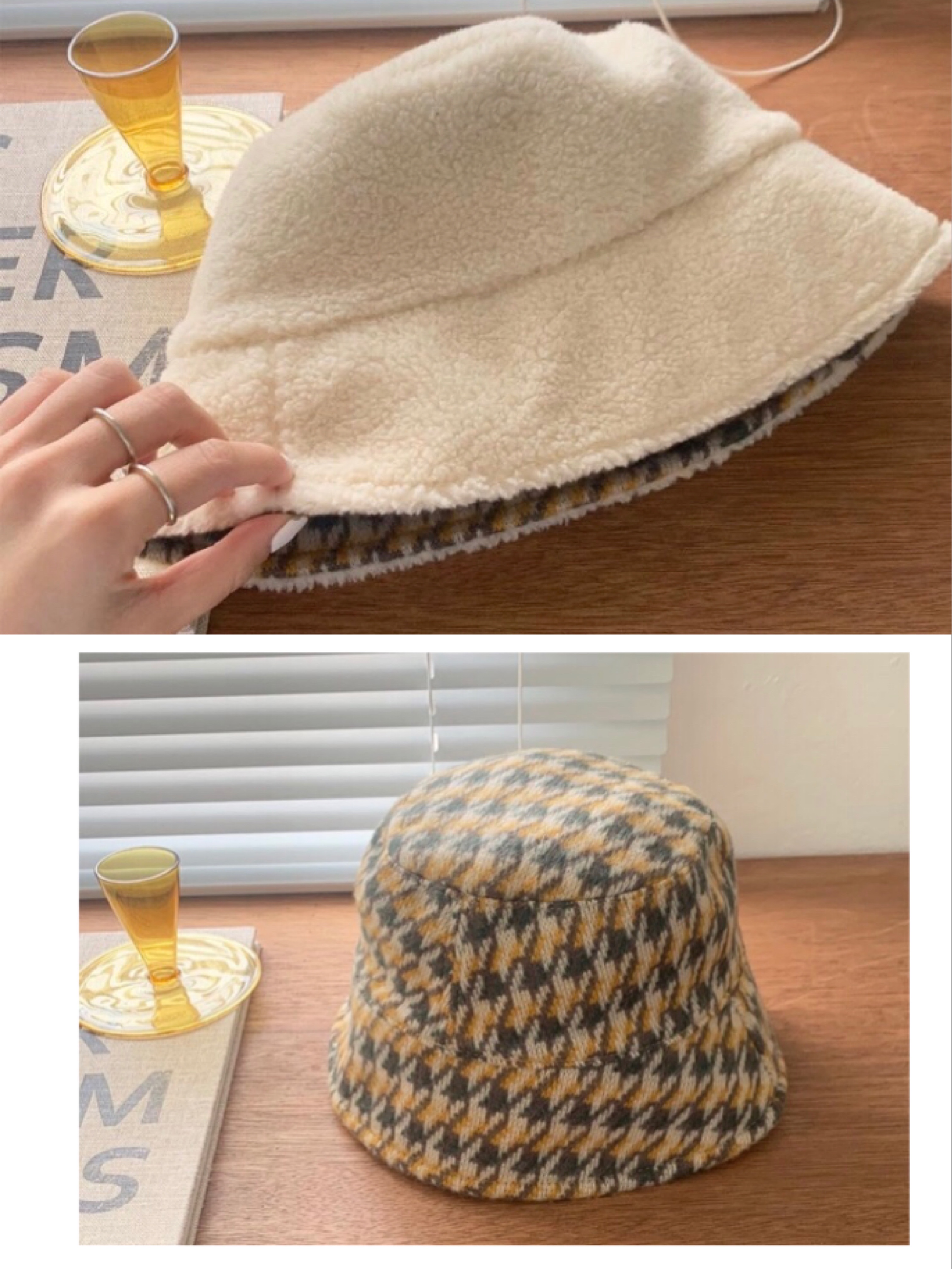 Reversible Milk White Checkered Fisherman's Bucket Hat - Korean Style Winter Accessory for Stargazing & Outdoor Adventures