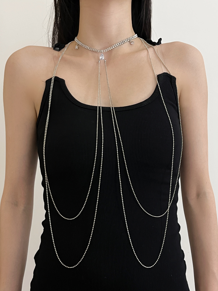 Rhinestone Hanging Neck Tassel Long Body Chain Necklace - Full Body Chest and Waist Accessory Belt, 90s Inspired Fashion Statement