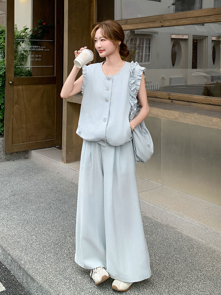 Round Neck Ruffled Edge Vest and Wide-Leg Pants Set for Women - 2025 Summer Lazy Style for Petite Figures, Two-Piece Outfit