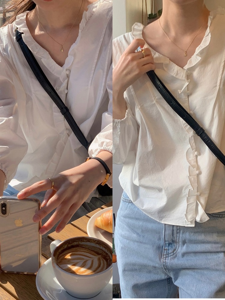 Ruffled Edge Button-Up Blouse in Korean Style - Fresh Romantic Spring Fashion with Bubble Feel for Effortless Chic Looks