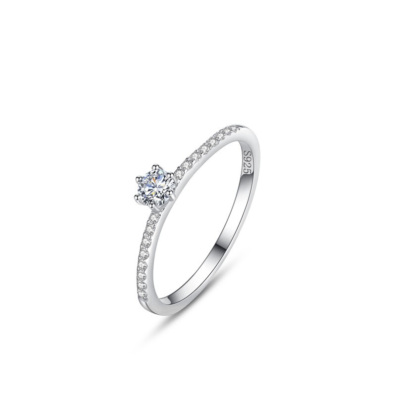 S925 Pure Silver Six-Claw Diamond Ring for Women, Minimalist High-End Light Luxury Jewelry, Elegant Fine Ring