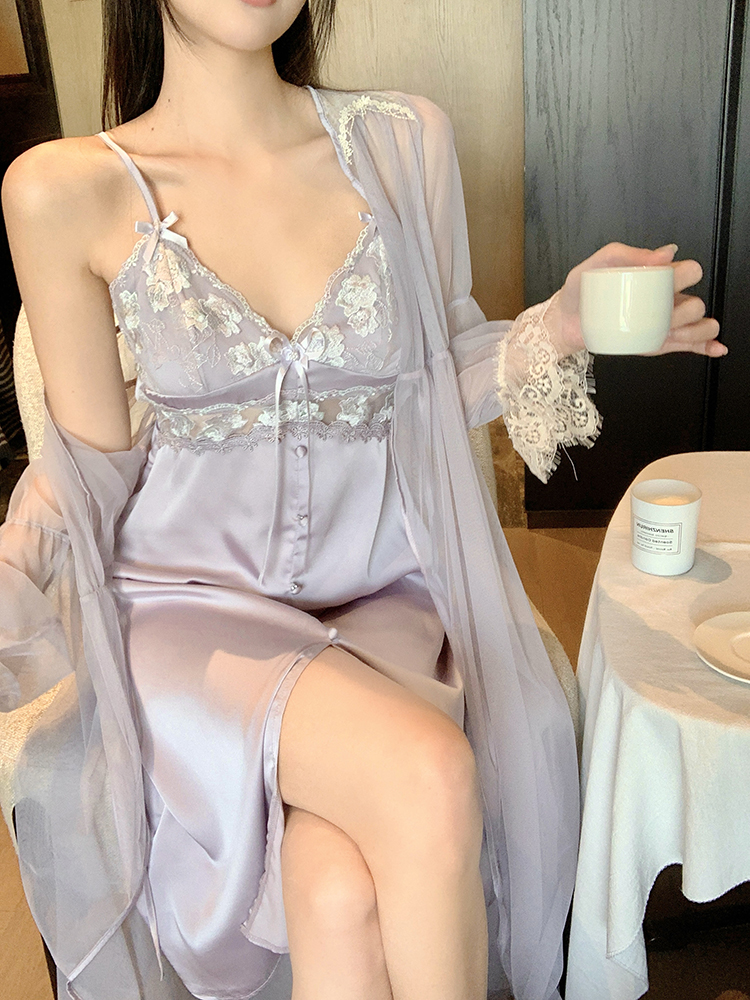 Sexy Ice Silk Pajamas for Women, Spaghetti Strap Nightgown with Chest Pads, Robe - Spring Autumn Homewear Dress
