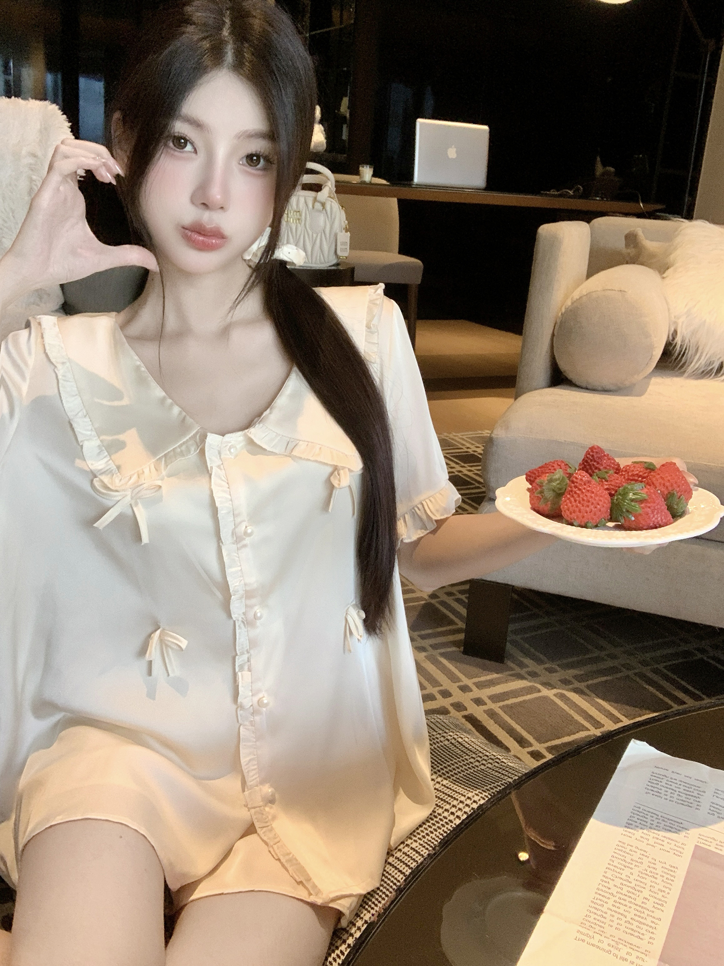 Sexy Ice Silk Women's Pajamas Set - Short Sleeve Summer Homewear with Cute Bow - 2025 New Style Two-Piece Sleepwear