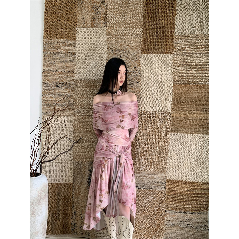 Sexy Off-Shoulder Pink Butterfly Print Dress with Waist-Cinching Irregular Long Skirt - Trendy Y2K Style for Women
