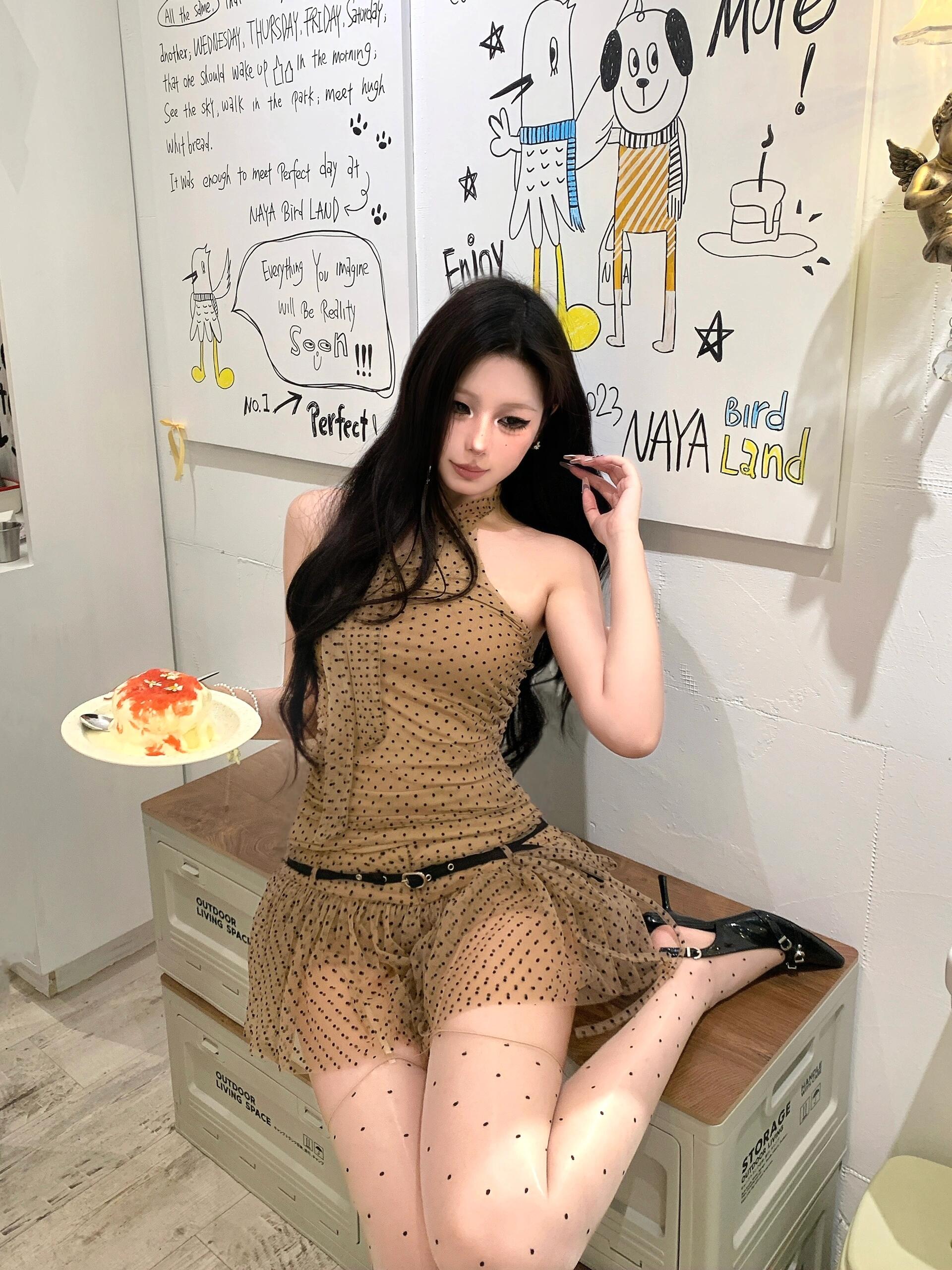 Sexy Polka Dot Halter Neck Tank Top and Low-Waisted Semi-Sheer Skirt Set - Y2K European American Style for Women