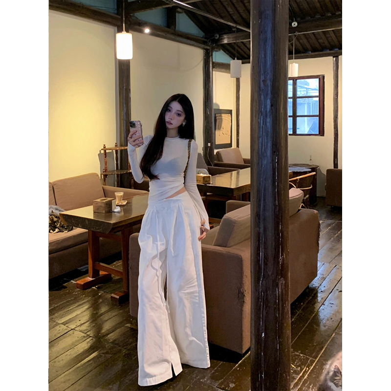 Sheer Long Sleeve T-Shirt for Women - Eccentric Waist-Cinching Design, Figure-Flattering Fit, Versatile Round Neck, Chic Style