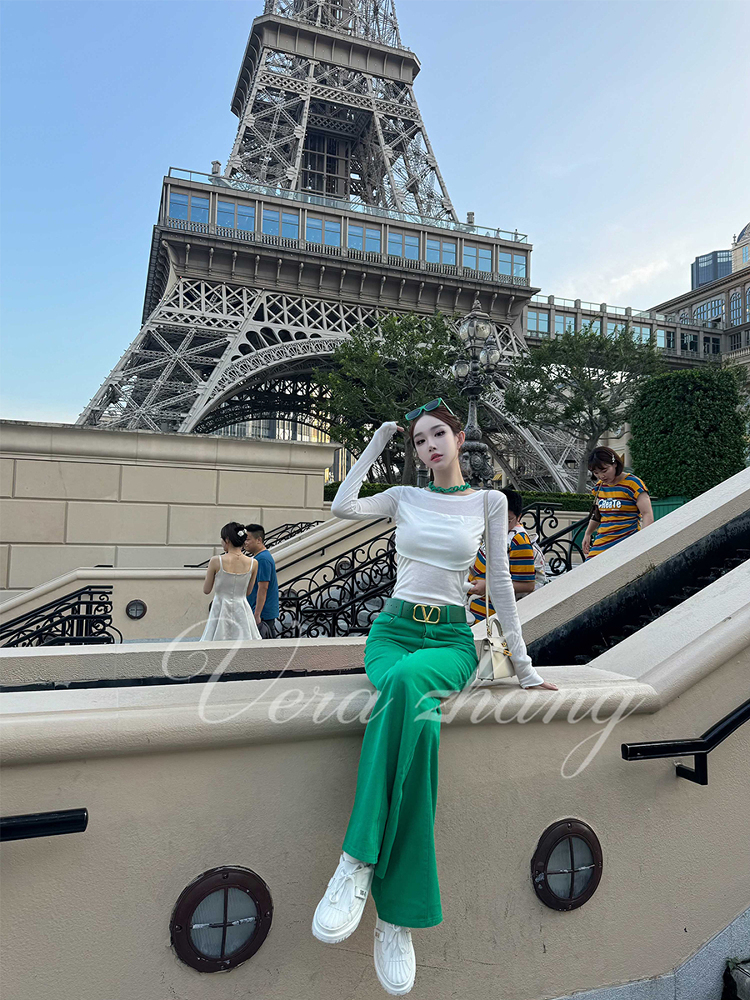 Sheer Long Sleeve T-Shirt Top for Women in Supermodel Style - Casual Summer Outfit with Long Pants - Chic Socialite Look