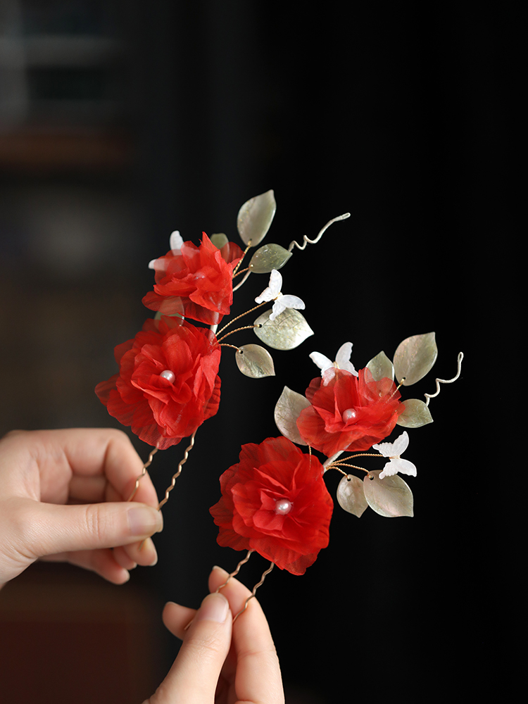 Silk Embossed Flower Hanfu Headdress U-Shaped Hairpin - Classical Ultra-Fairy Xiuhua Hair Accessory for Elegant Looks