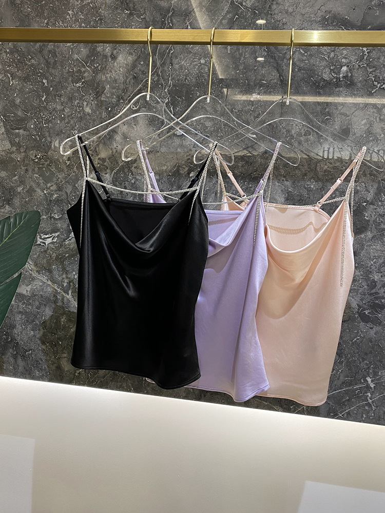 Silky Rhinestone Acetate Camisole for Women - European Summer Style, Skin-Friendly & Easy to Match Outerwear