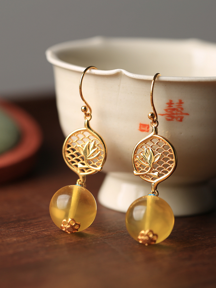 Silver-Plated Chinese-Style Earrings with Natural Beeswax Amber and Jade Stone Embellishments for Women - Elegant Statement Jewelry