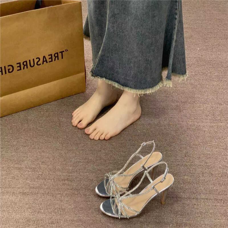 Silver Rhinestone High-Heeled Sandals for Women - Summer 2025 One-Strap Open-Toe Sexy Goddess Style