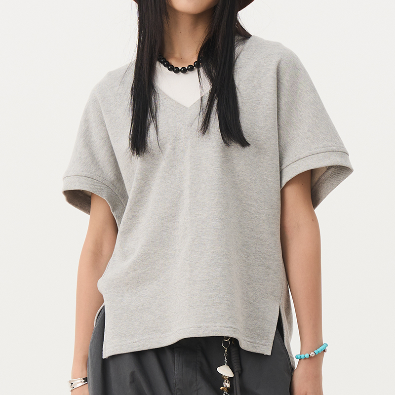 Simple Gray Pure Cotton Loop V-Neck Short Sleeve T-Shirt - Loose Versatile Essential for Autumn 2025 Fashion
