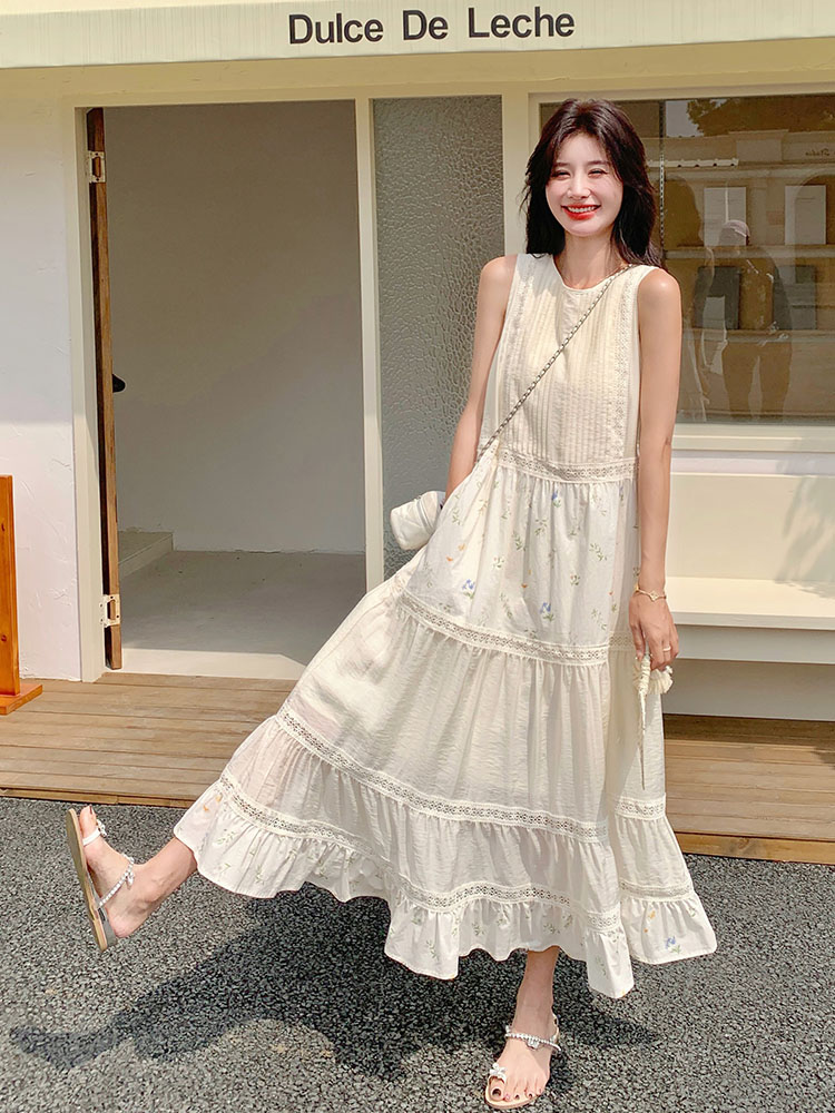 Sleeveless French Patchwork Printed Dress for Women - 2025 Summer Loose Vacation Style Tank Dress