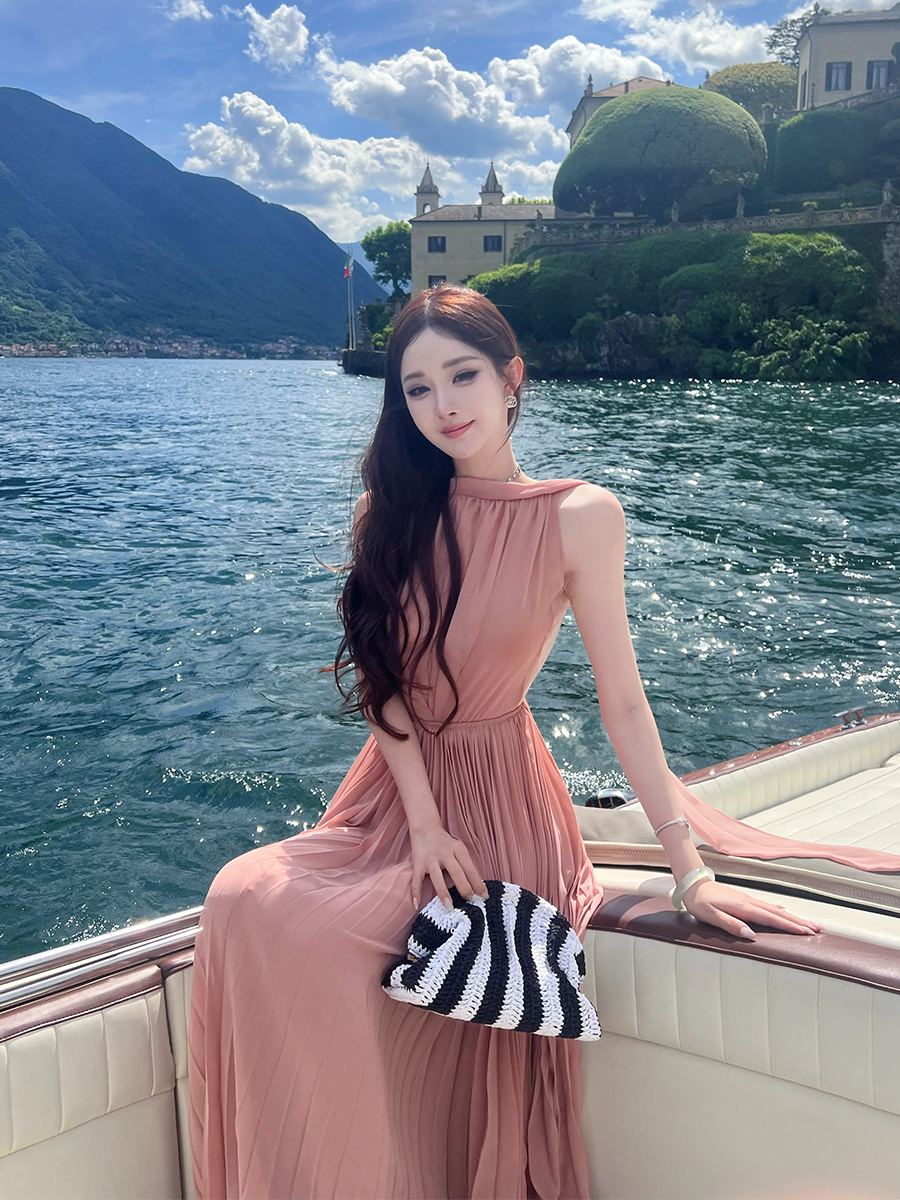 Sleeveless Pleated Chiffon Dress for Women, Long Summer Dress, Floral Water Lily Design, Trendy Influencer Style, 90s Vibes