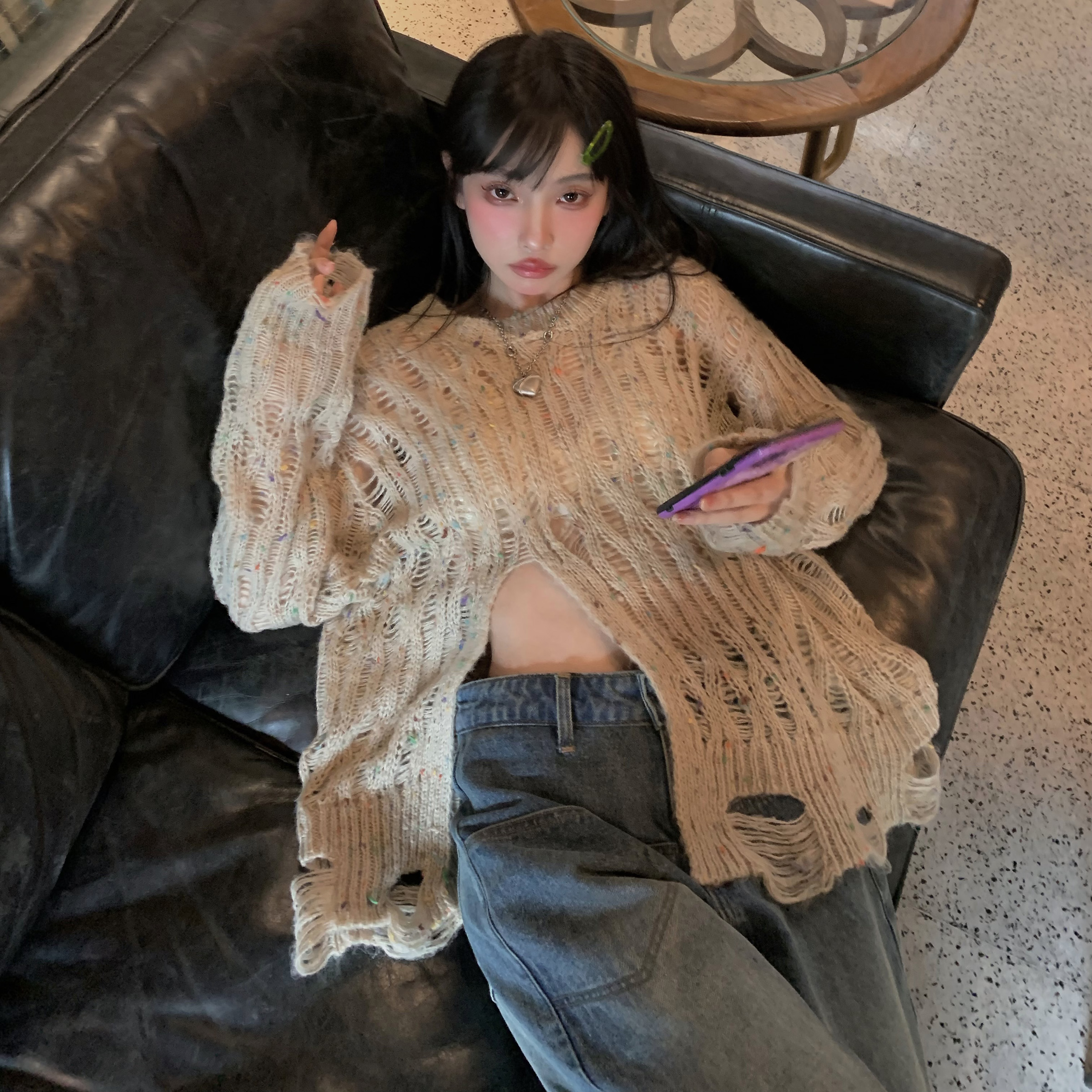 Slightly Sweet Sister Hollowed-Out Split Knit Sweater - Loose Fit Women's Top in Casual Lazy Style, Perfect for Y2K and Korean Fashion