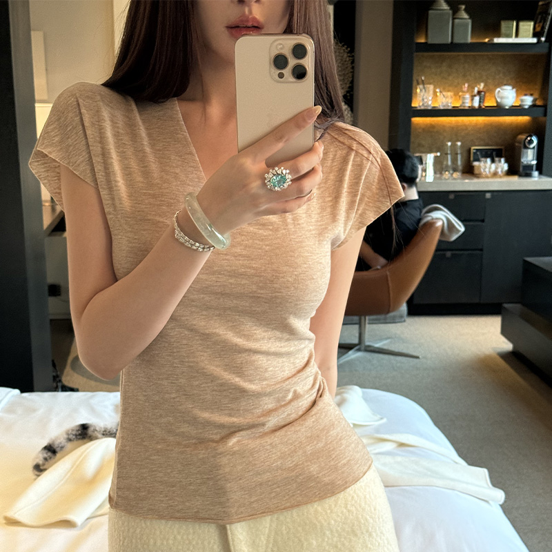 Slim Fit V-Neck T-Shirt for Women - Elastic Cloud Base Short Sleeve Top, Versatile Spring/Summer Fashion Essential