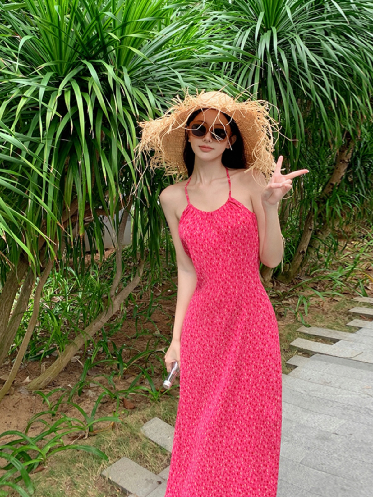 Small Floral Halter Strap Dress for Beach Vacation - Cute Dopamine Outfit Perfect for Island Getaways and Summer Photos