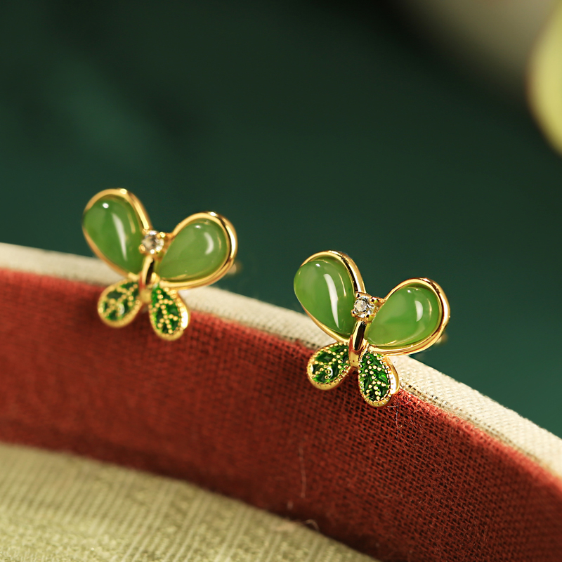 Small Silver Butterfly Earrings with Natural Hetian Jade - Chinese Style Green Jade Stone Accessories for Women