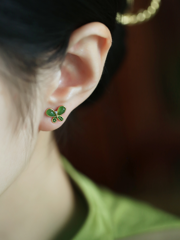 Small Silver Butterfly Earrings with Natural Hetian Jade - Chinese Style Green Jade Stone Accessories for Women
