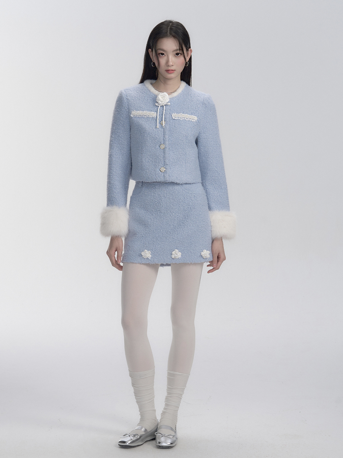 Snowy Romance High-End Three-Dimensional Floral Chanel Style Jacket and Skirt Two-Piece Set - Elegant Y2K Fashion