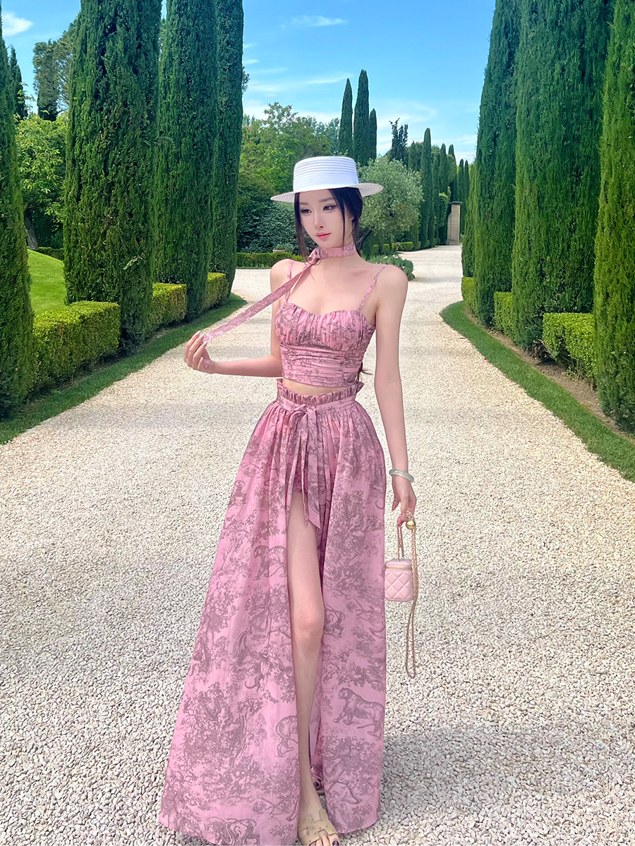 Socialite Style Long Dress for Women - Two-Piece Set with Floral Design, Perfect for Tall Individuals - Elegant Garden Party Look