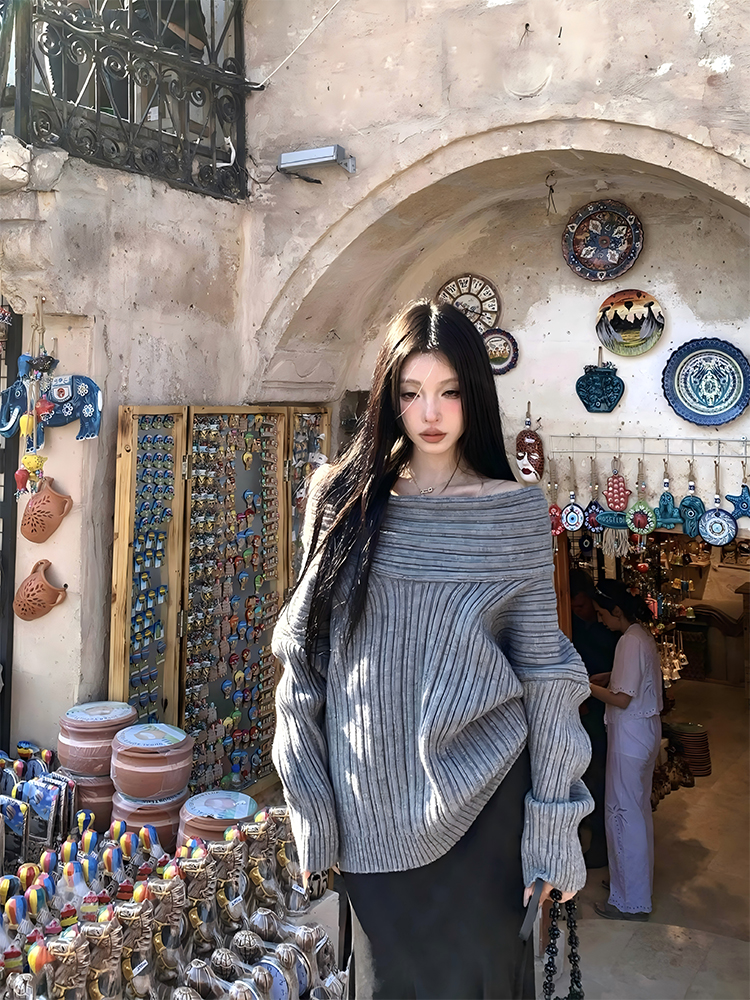 Soft Trap Lazy Style Loose Off-Shoulder Pullover Sweater for Women, Knit Top with Exposed Shoulders - Y2K Fashion Essential