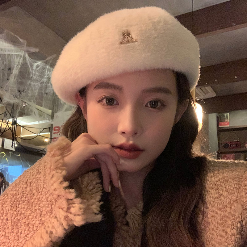 Solid Color Mink Fur Beret for Women - Plush Winter Painter Hat 2025, Face-Shaping Design, Trendy Y2K Fashion Accessory