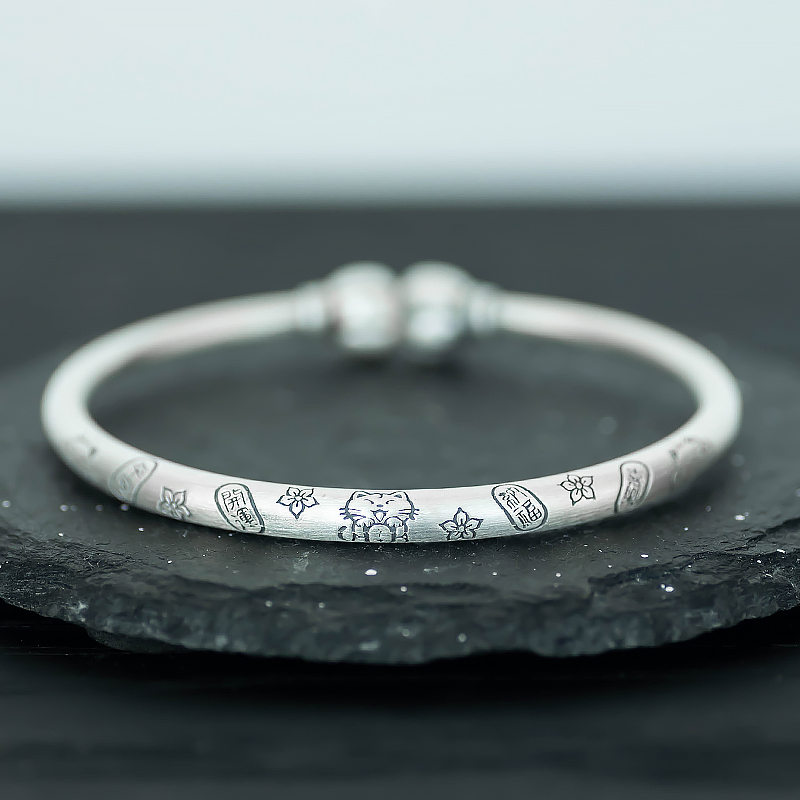 Solid Pure Silver 999 Open Bangle with Pumpkin Head Design - Ethnic Style, National Trend, Auspicious Peace and Fortune Jewelry