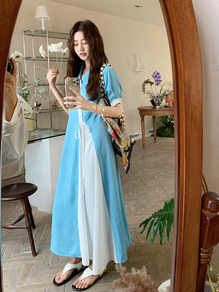 Spliced Short-Sleeve A-Line Dress for Women - 2025 Summer Korean Style, Loose Fit, Fashionable Mid-Length Design