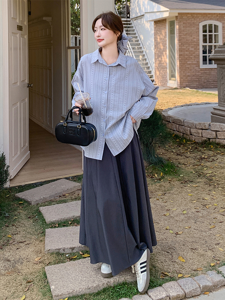 Spring 2025 Striped Shirt and Skirt Two-Piece Set for Women, Elegant Korean Style, High-Quality Fashion Outfit