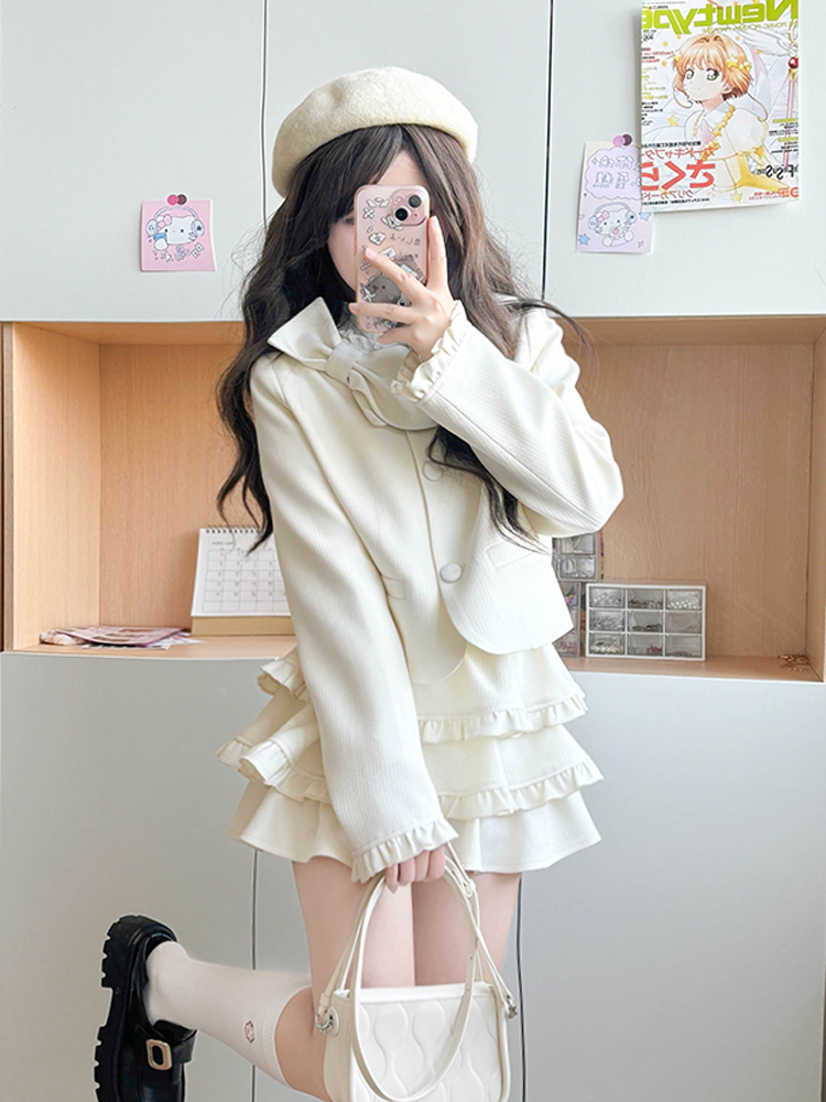 Spring College Style JK Uniform Coat with Bowknot and Cake Skirt - Women's Pudding Bear Inspired Little Chanel Look