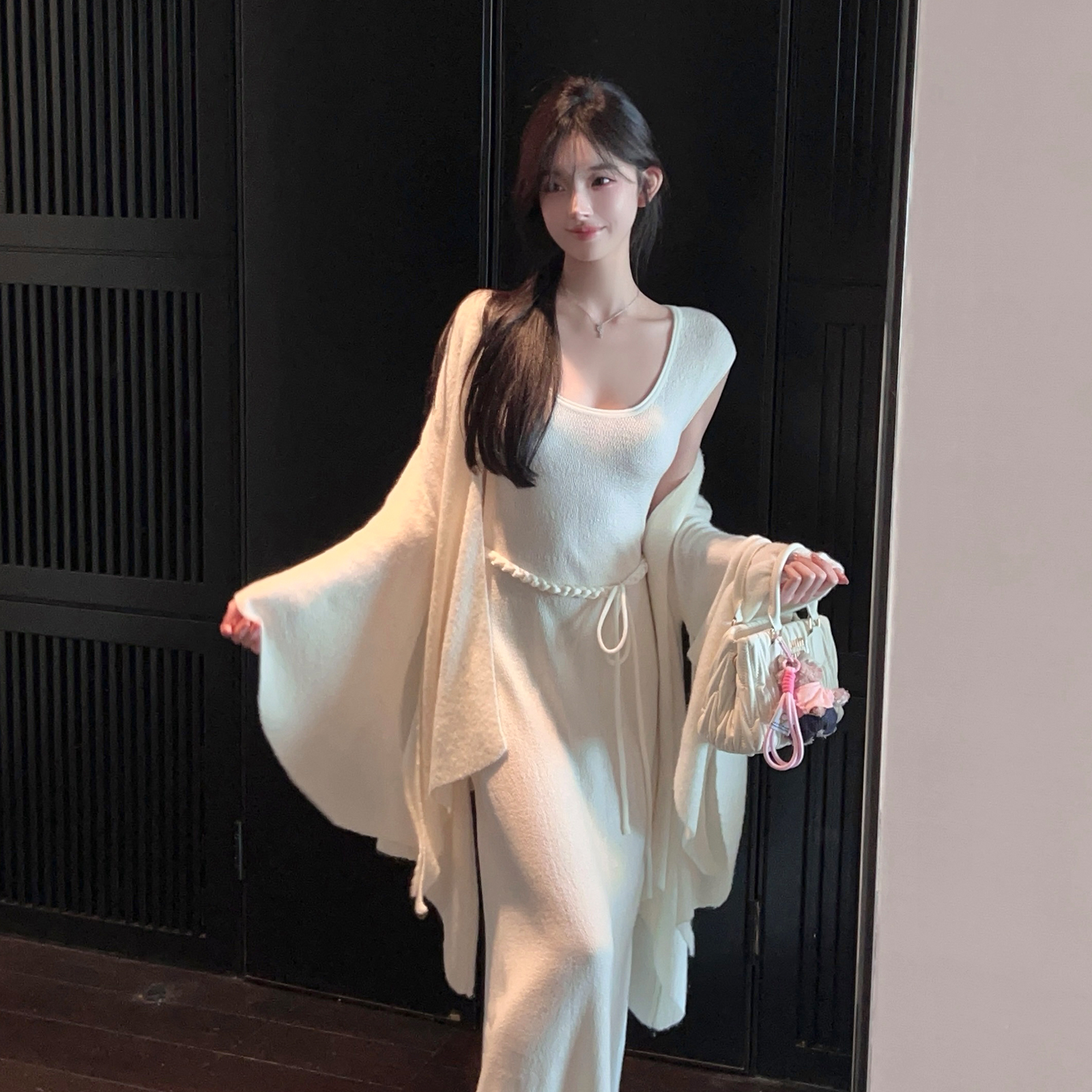 Square Neck Sleeveless White Knitted Long Dress with Belt for Autumn Winter â€“ Chic and Elegant Style