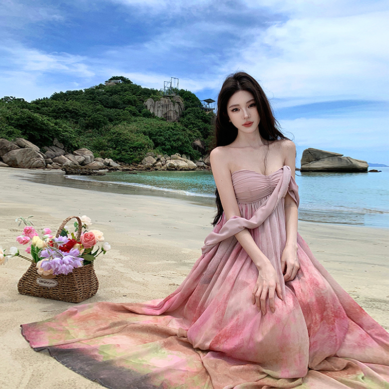 Strapless Greek Goddess Dress with Flowing Long Skirt - Elegant Beach Dress for Women, Perfect for Summer Seaside Vacation