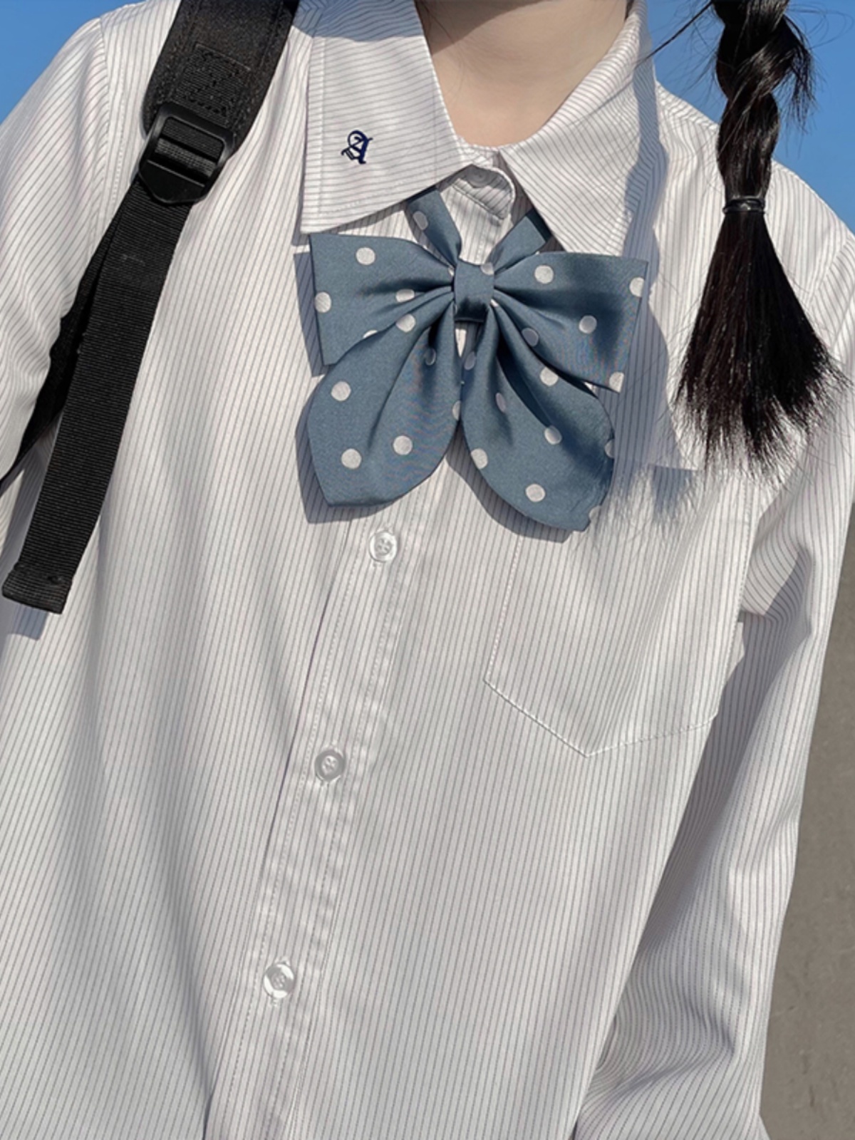 Striped Embroidered Long Sleeve Shirt for Women - Japanese Style JK Uniform, Cute Pudding Bear Design, College Fashion Trend
