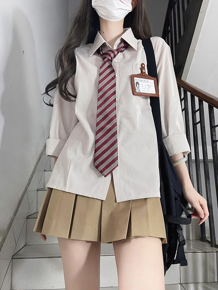Striped Long Sleeve JK Shirt for Women â€“ Blue Niche Uniform Outfit, Cute Pudding Bear Design, Perfect for Autumn Fashion