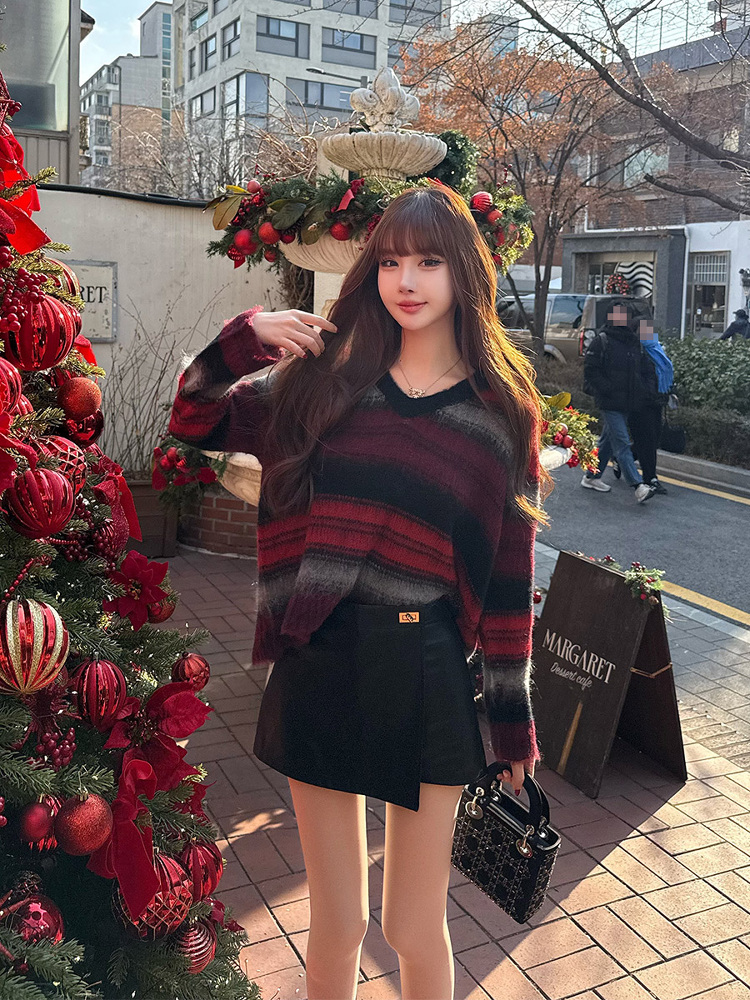 Striped Long Sleeve Knitted Sweater for Women - V-Neck Spring Autumn Top, Stylish Outerwear, Perfect for New Year and Casual Wear