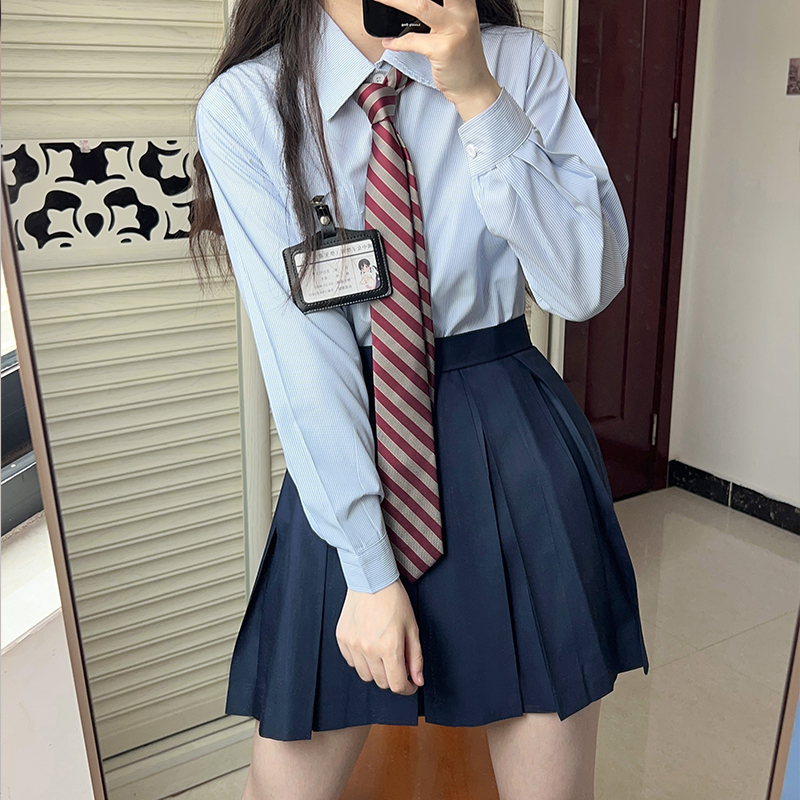 Striped Long Sleeve Pudding Bear JK Shirt Women's Uniform Set in White and Blue - 2025 Spring Style