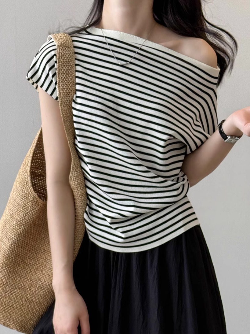 Striped Off-Shoulder Short Sleeve T-Shirt for Women - Slim Fit, Waist-Cinching, Flattering American Style Top for Summer 2025