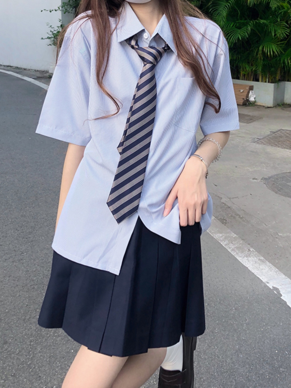 Striped Pudding Bear JK Shirt Set for Women - Short Sleeve & Long Sleeve Summer Top in Blue - Trendy Uniform Style