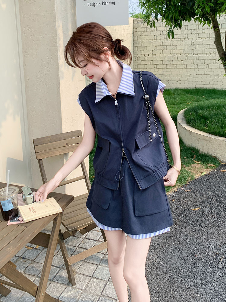 Striped Spliced Workwear Lapel Vest and Skirt Set for Women - 2025 Summer College Style Two-Piece Outfit