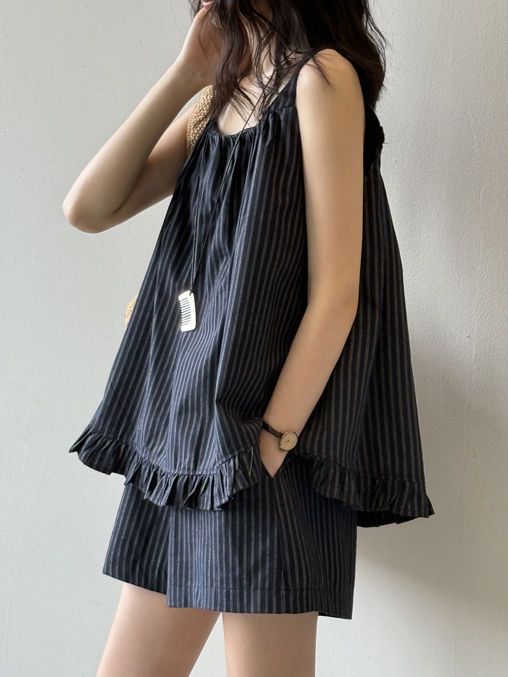 Striped Vest Doll Shirt and Wide-Leg Pants Set for Women - 2025 Summer Fashion, Loose Fit Two-Piece Outfit