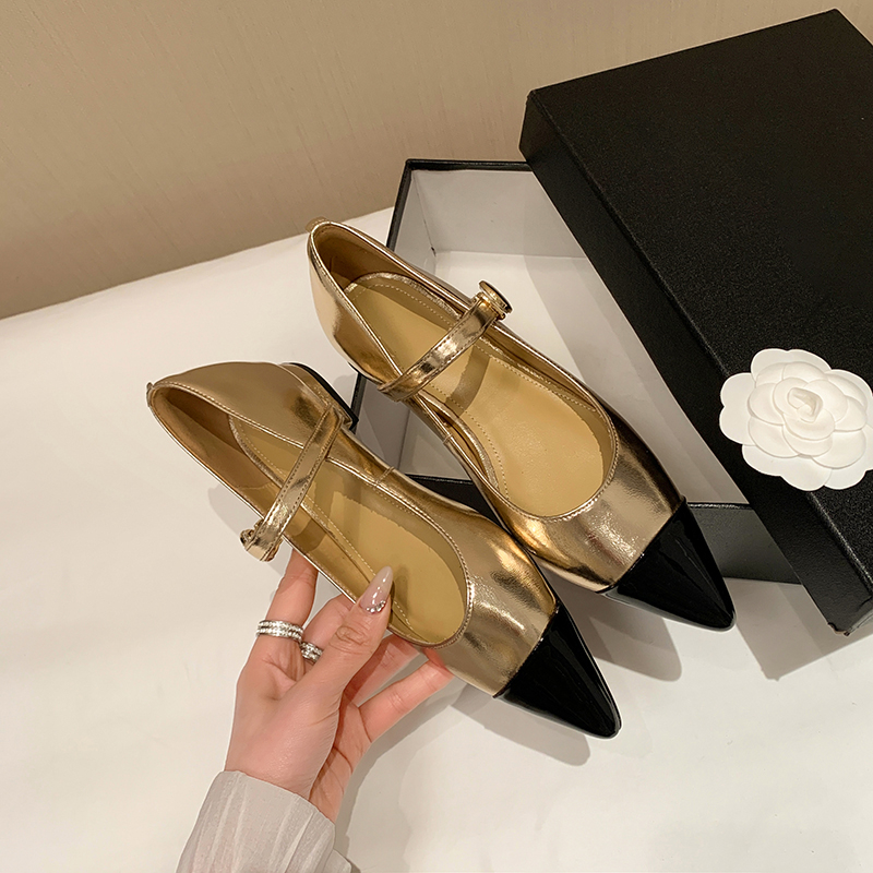 Stylish Black and Gold Color-Blocking One-Strap Pointed Toe Mary Jane Flats for Women â€“ Luxe Genuine Leather Comfort Shoes
