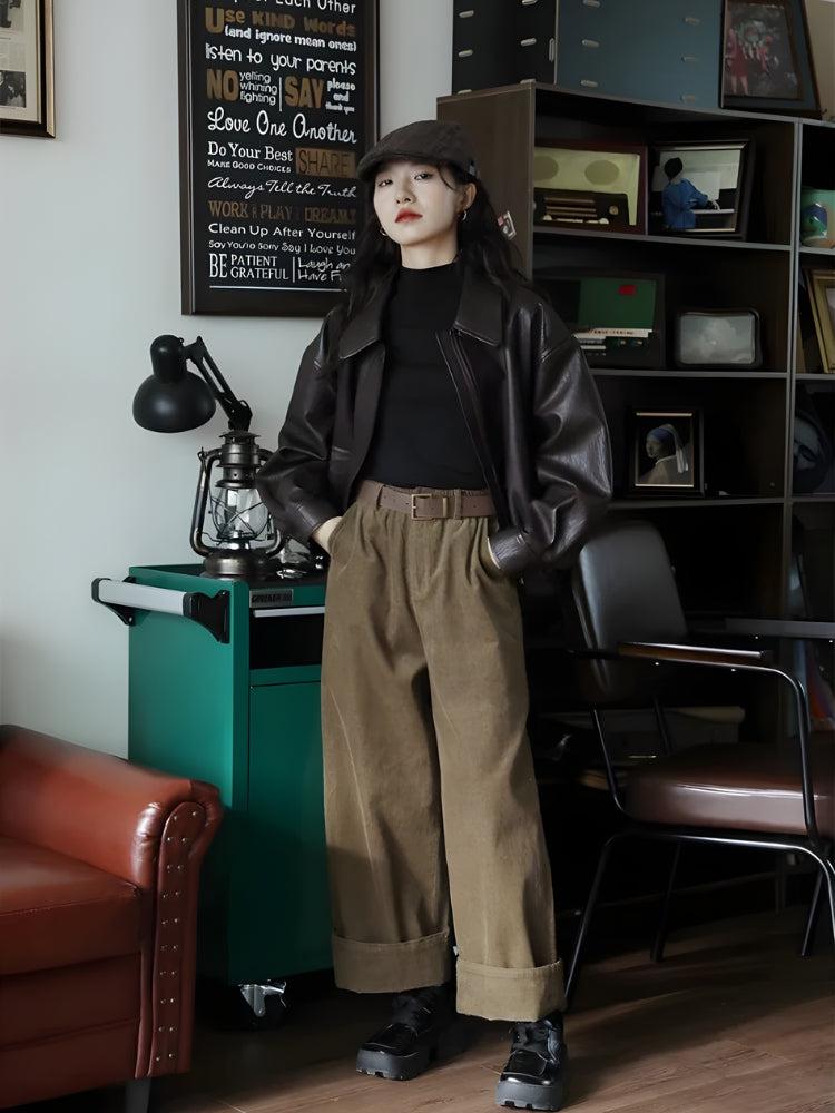 Stylish Work Outfits, Outfit Summer Ideas Brown Faux Leather Jacket